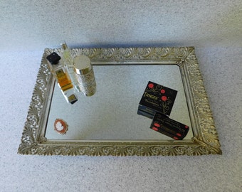 Large Mirrored Vanity Tray with Gold Tone Filigree, Mirror Tray, Dresser Tray, Bathroom Tray, Perfume Tray