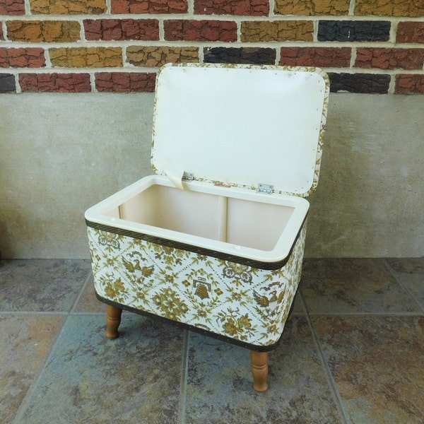 Vintage Redmon Standing Storage Chest with Early American Motif, Storage Footstool, Sewing or Craft Chest, Hamper, Small Toy Box