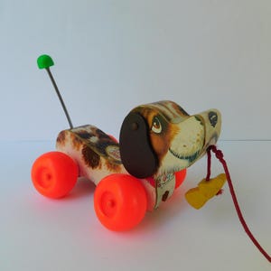 1960's Fisher Price Wooden Little Snoopy Dog Pull Toy with Original Shoe, #693