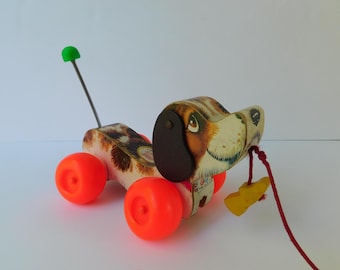 1960's Fisher Price Wooden Little Snoopy Dog Pull Toy with Original Shoe, #693