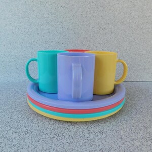 1980s 8 Piece Plate and Mug Set, Plastic Picnic Set, Stacking Dinnerware