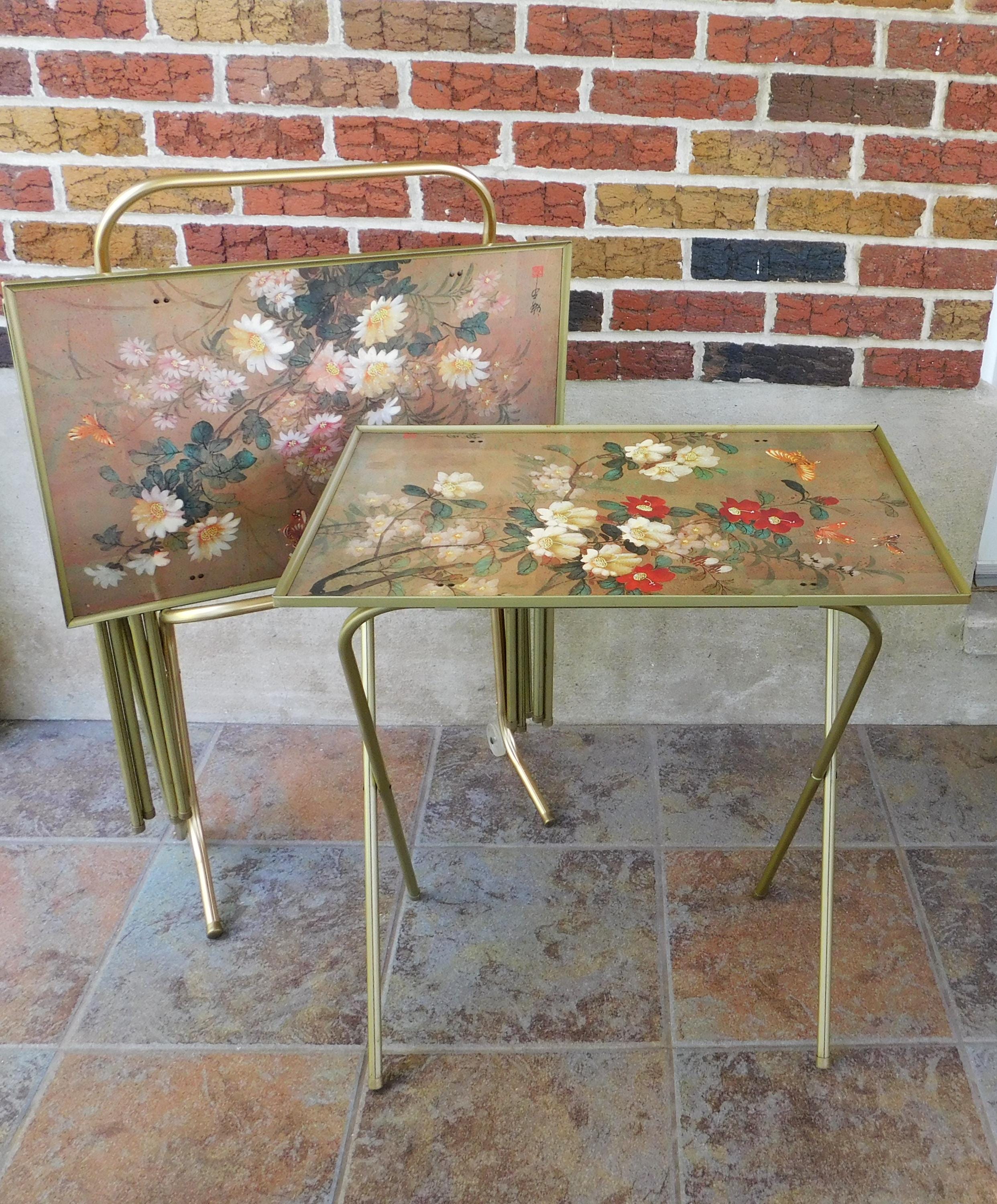 Set of Mid Century Floral TV Trays with Stand, Folding Trays with Asian  Floral Designs, Dinner Tray Set with Carrier