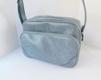 Vintage 1970s Blue Vinyl Carry On Bag, Overnight Bag, Shoulder Bag, Small Luggage