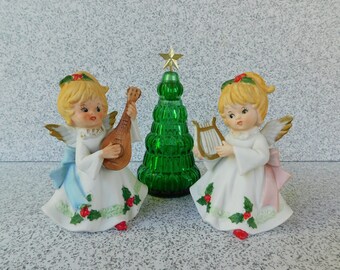 Set of 3 Vintage Homco Musical Christmas Angels with Lute Lyre and Violin, Blonde Bisque Porcelain Angel Figurines, Christmas Decoration