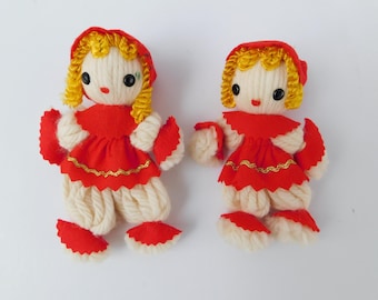 Pair of Vintage Yarn and Felt Dolls, Girl and Boy Yarn Dolls