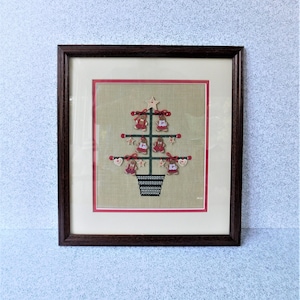 Framed Primitive Christmas Tree Cross Stitch with Gingerbread Men, Embroidered Christmas Tree with Beads, Holiday Wall Decor