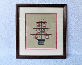 Framed Primitive Christmas Tree Cross Stitch with Gingerbread Men, Embroidered Christmas Tree with Beads, Holiday Wall Decor