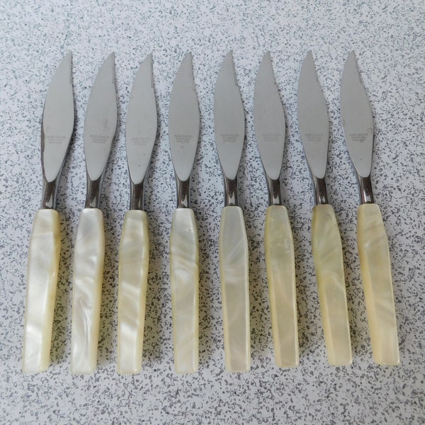 Set of 8 Mid Century Mode Danish Stainless Knives with Faux Mother of Pearl Handles, Sheffield England