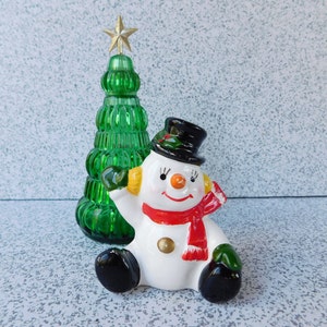 Small Sitting Snowman Figure, Waving Snowman Figurine, Made in Japan, Christmas Decoration, Snowman Figurine with Top Hat and Scarf