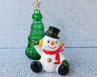 Small Sitting Snowman Figure, Waving Snowman Figurine, Made in Japan, Christmas Decoration, Snowman Figurine with Top Hat and Scarf