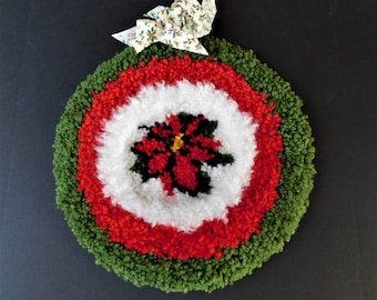 Completed Vintage Christmas Latch Hook Wall Hanging, Wreath with Poinsettia, Indent Ornament with Poinsettia, Holiday Wall Decor Decoration