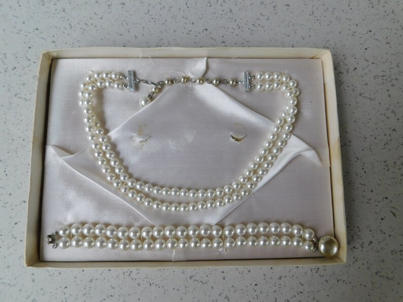 Costume Jewelry Vintage Boxed Faux Pearl Double Strand Choker Necklace and Bracelet Set Original Gift Box Made in Japan