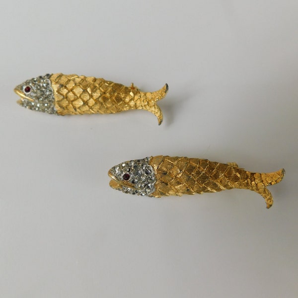Pair of Vintage Fish Pins, 2 Gold Tone Fish Brooches, Ladies Costume Jewelry