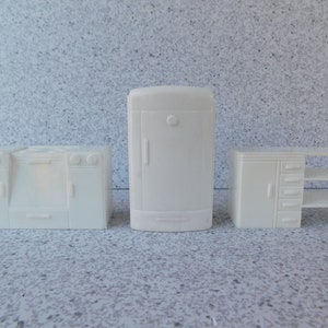 3 Pieces of Vintage 1950s Plasco Little Homemaker Dollhouse Kitchen Furniture, Refrigerator, Stove, Cupboard with Shelves