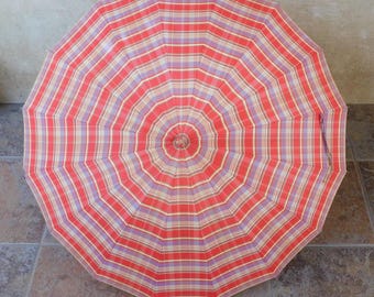 Vintage Coral Purple and Tan Plaid Umbrella with Wooden Shaft and Bakelite Handle