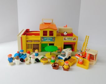 Classic Fisher Price Play Family Village with Little People and Accessories, 5 Vehicles, Nearly Complete