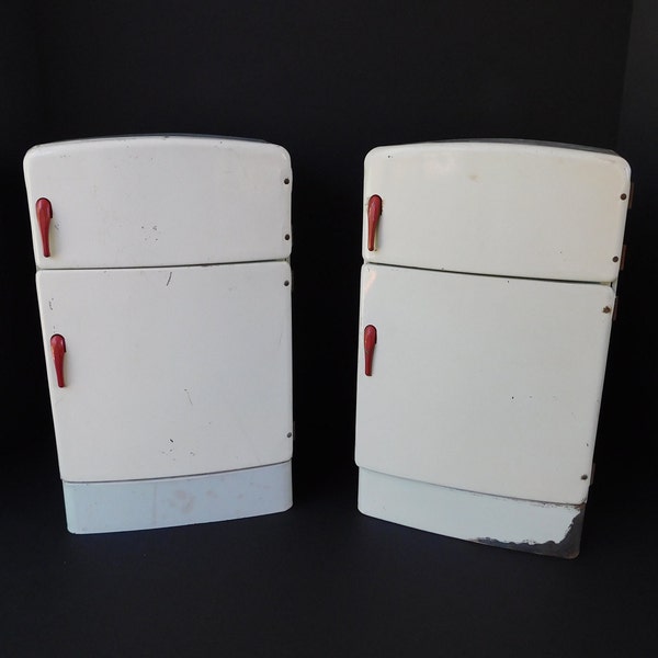 Your Choice of Mid Century Tin Litho Wolverine Refrigerators, Toy Refrigerator, Antique White with Red