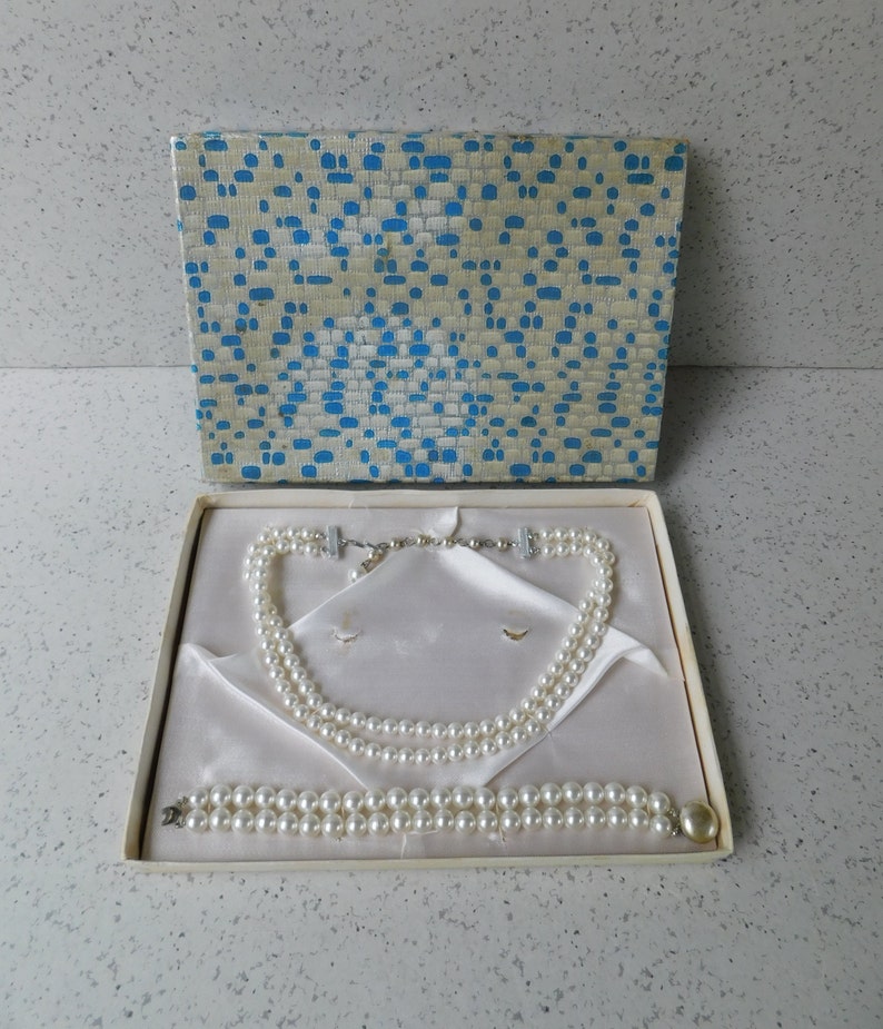 Costume Jewelry Vintage Boxed Faux Pearl Double Strand Choker Necklace and Bracelet Set Original Gift Box Made in Japan