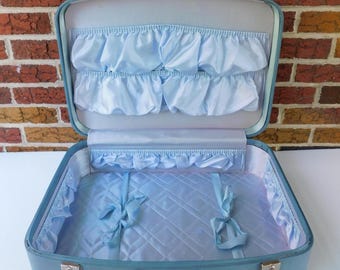 Mid Century 21" Blue Hard Side Suitcase, Vintage Luggage
