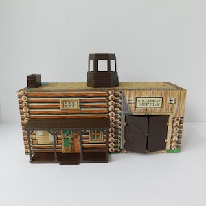 Vintage 60 Piece Marx Toys Fort Apache Set with Cavalry Supply Building, Gate and Fence Pieces, Indians and Soldiers, Some Accessories