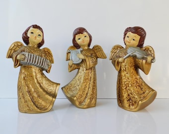 Set of 3 Gold Angel Musicians, Large Angel Figurines, MY Made in Korea