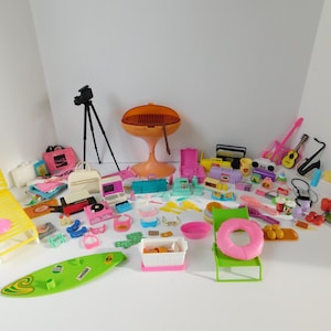 Large 150+ Piece Assortment of Vintage Barbie Accessories, 1990s and Earlier, Dishes and Food, Grill, Wind Up Computer and Turntable