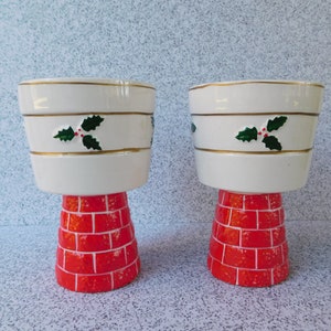 Mid Century Pair of Brinn's of Pittsburgh Christmas Pillar Candleholders, Goblet Style Candleholders, Made in Japan, Fireplace Mantel Decor