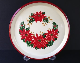 Vintage Round Lacquerware Christmas Tray with Poinsettias, Holiday Serving Tray