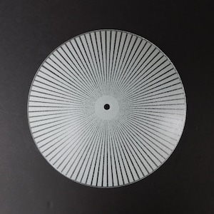 May include: A round, light-colored plate with a radial striped pattern in gray. The stripes emanate from a central hole, creating a sunburst design. The plate has a simple, modern aesthetic.