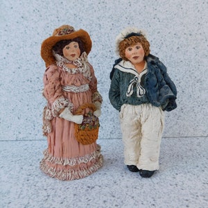 1988 June McKenna Victorian Girl and Boy Flatback Figures, Pink Dress Victorian Girl, Blue Shirt and Jacket Victorian Boy, Figurine Set