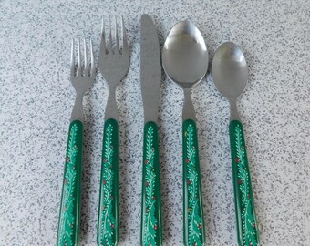 20 Piece Set of Oneida Green Garland Christmas Stainless Silverware, 5 Piece Service for 4, Holiday Flatware