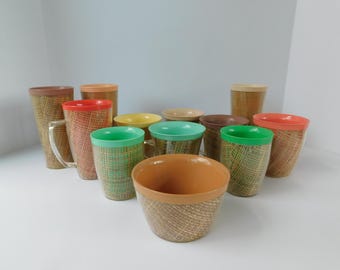 12 Piece Vintage Raffia Assortment, 4 Mugs, 3 Tall Tumblers, 4 Cups, 1 Bowl