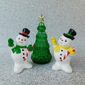 YOUR CHOICE of Small Ceramic Snowmen, Ceramic Snowman Figure, Christmas Decoration, Snowman Figurine with Top Hat and Candy Cane