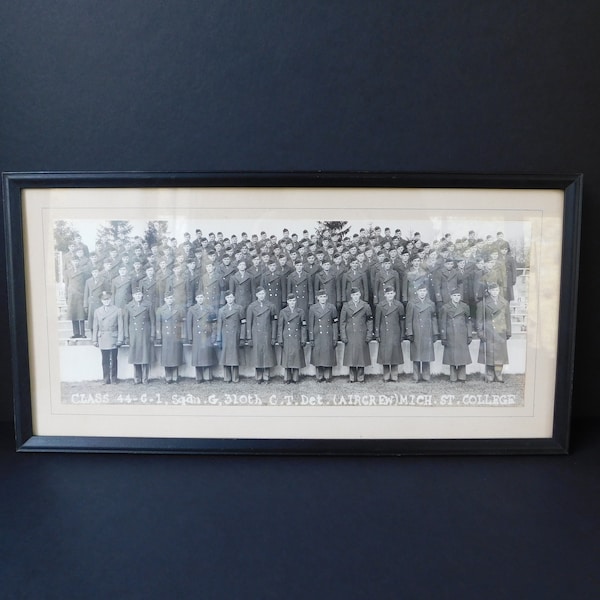 Framed Panoramic WWII Military Group Photo, WW2 Army Air Force Squadron Aircrew Photo, 310th, Michigan State College, Military Memorabilia