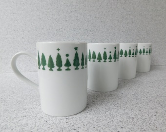 Set of 4 Crate & Barrel Pine Tree Mugs, Christmas Mugs, Made in Japan