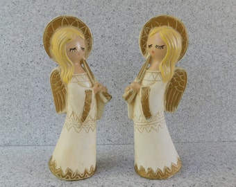 Pair of Vintage Ceramic Christmas Angels with Horns, Set of 2 Musician Angel Figures