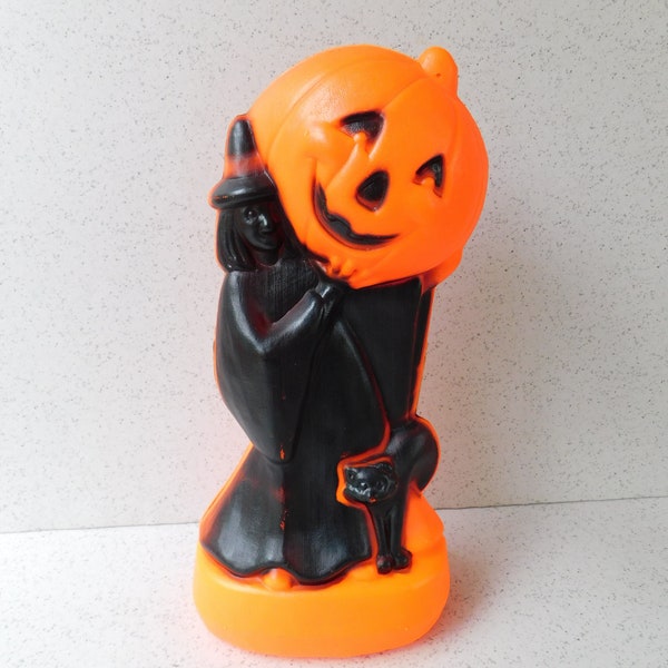 Vintage General Foam Witch with Jack O'Lantern and Black Cat Blow Mold, Halloween Decoration, Pumpkin, With Light Cord, Indoor