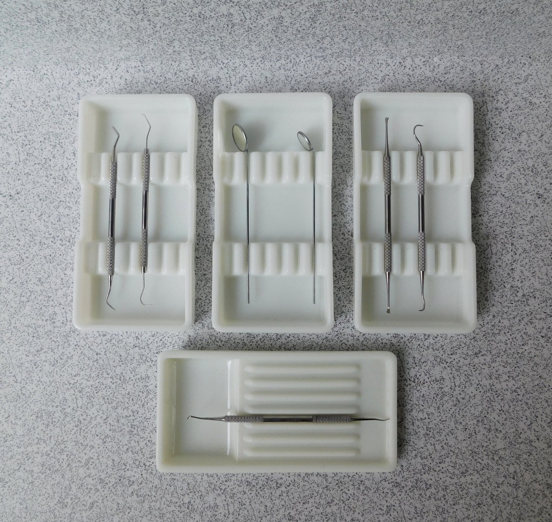 Set of 4 White Glass Dental Instrument Trays, American Co