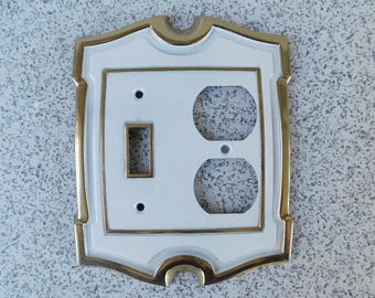 NOS 1970s Hall Mack Citation Electrical Outlet and Switch Plate, White and Gold Duplex Receptacle and  Switch Plate