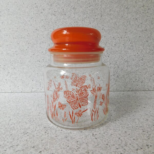 Vintage 1970s Orange Butterfly Glass Jar with Lid, Candy Jar, Food Storage, Kitchen Decor