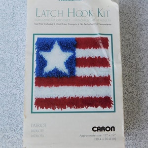 NOS Vintage WonderArt Patriot Latch Hook Kit, 4700, 12 Inch Square, Wall Decor or Pillow, Red White and Blue, Star and Stripes Hook-It Kit
