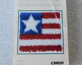 NOS Vintage WonderArt Patriot Latch Hook Kit, 4700, 12 Inch Square, Wall Decor or Pillow, Red White and Blue, Star and Stripes Hook-It Kit