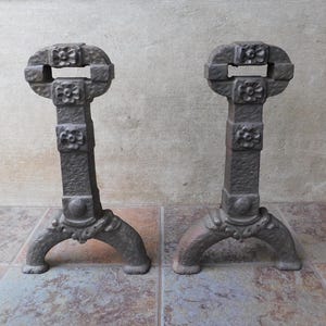 Large Vintage Cast Iron Fireplace Andirons, Stover Mfg and Eng Co, Freeport IL