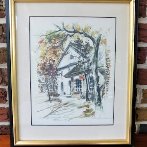 Framed John Haymson Colonial Williamsburg Print, Duke of Gloucester Street, Black and Gold Frame, Williamsburg Lithograph, Signed