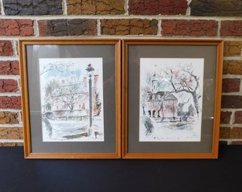 Matched Pair of Framed John Haymson Colonial Williamsburg Prints, Capitol Building and Governor's Palace