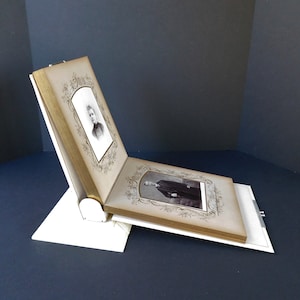 Victorian Era Standing Vertical Cabinet Card Album with Photos, Antique Celluloid Photo Album