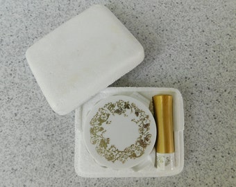 Unused Vintage Sharon Finn Powder Compact and Lipstick Set, Beige Mist Powder and Coral Pearl Lipstick