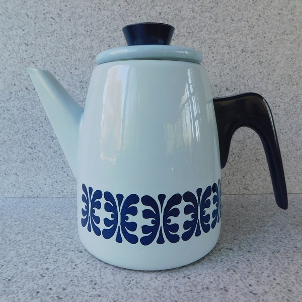 Cathrineholm of Norway Enamel Coffee Pot, Light Blue with Navy, Scandinavian Enamelware Coffee Server