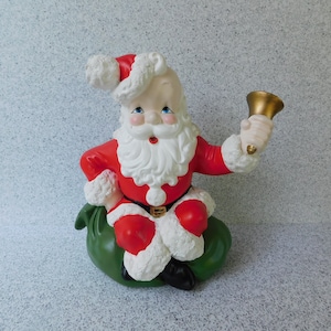 Working Vintage Atlantic Mold Ceramic Santa with Bell, Large Musical Santa, Plays Santa Claus is Coming to Town