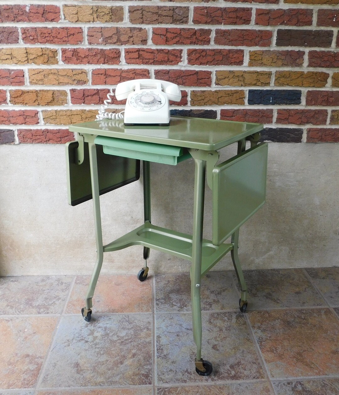 Vintage Green Drop Leaf Typewriter Desk With Drawer, Table, Cart or Stand, Industrial Typewriter